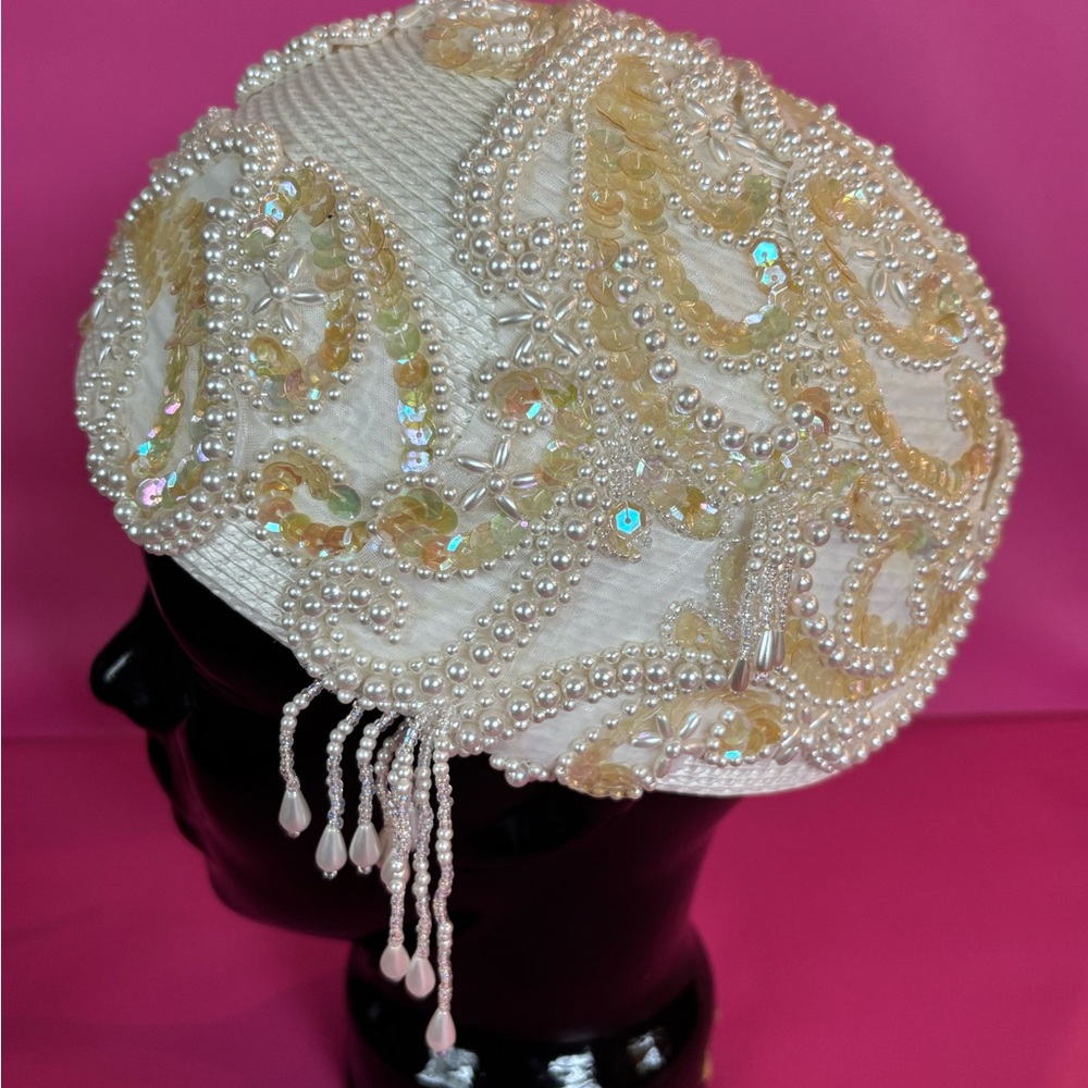 Elegant Vintage White Beaded Church Hat